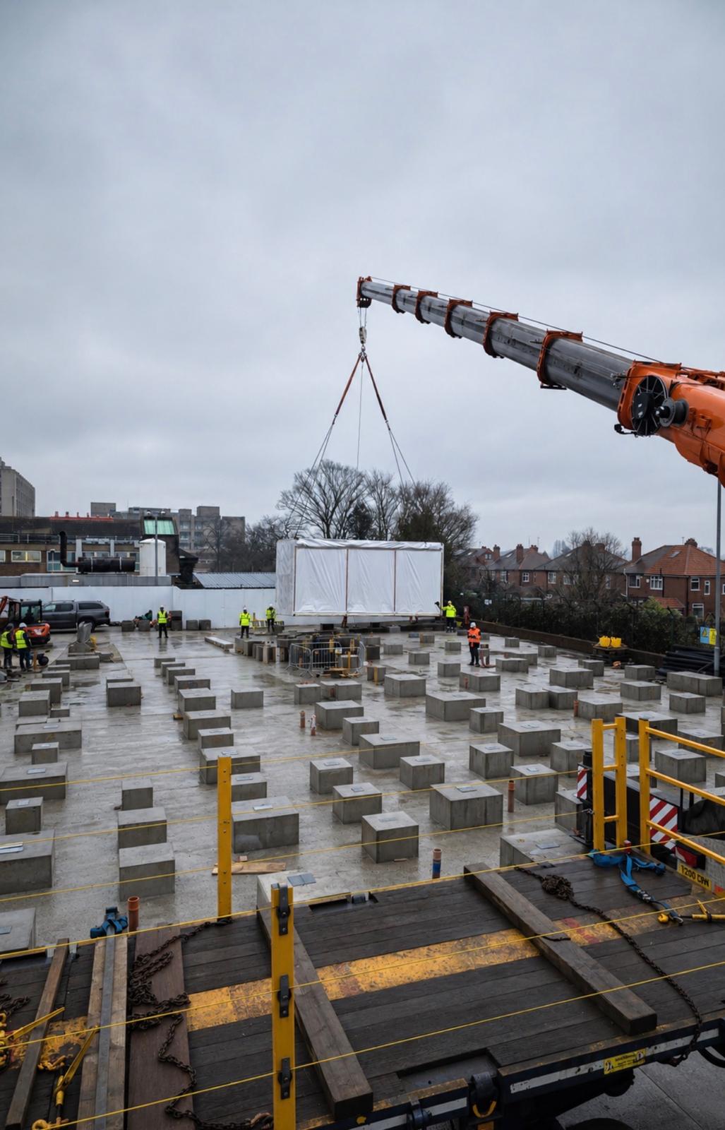 Modular unit being craned into place on prepared pad foundations in a live urban environment