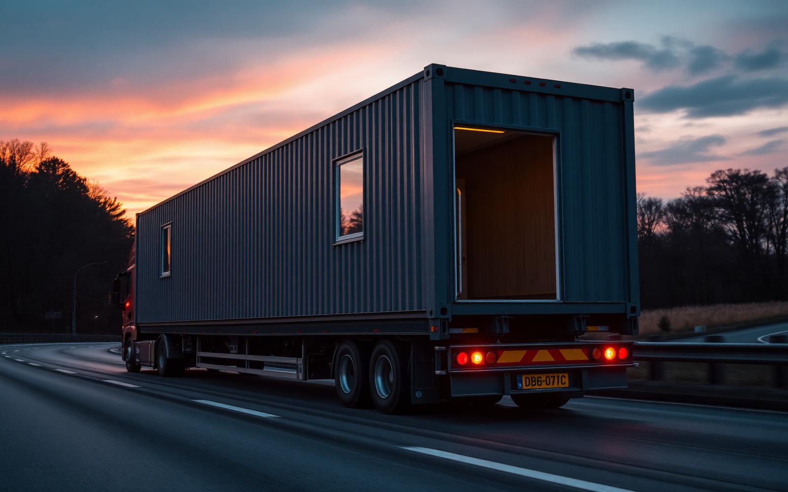 Modular unit transported by truck at dusk
