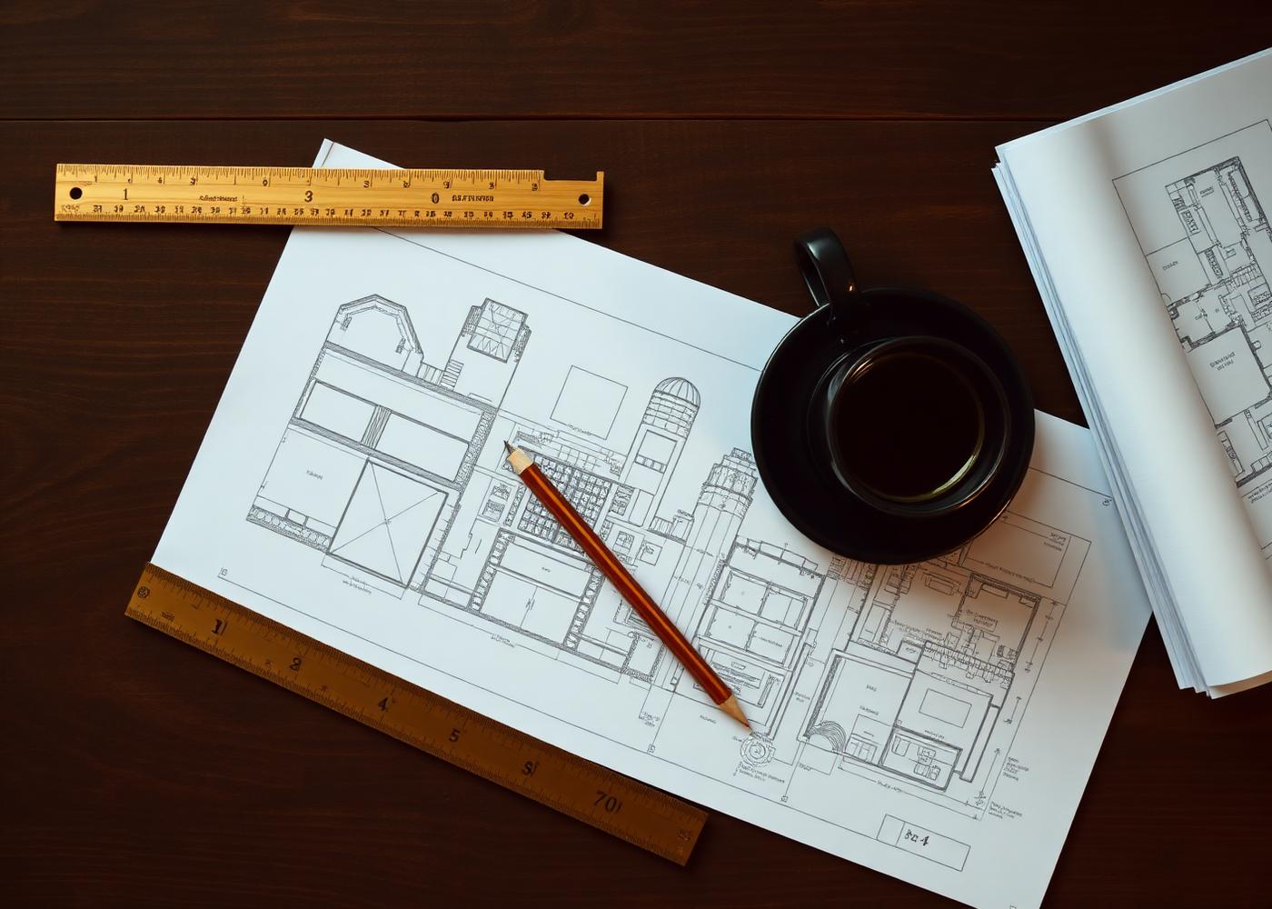 Architectural planning drawings on a dark timber table